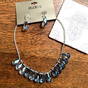 Studio S Silver & Blue Facet Crystal Necklace & Earrings Set NWt